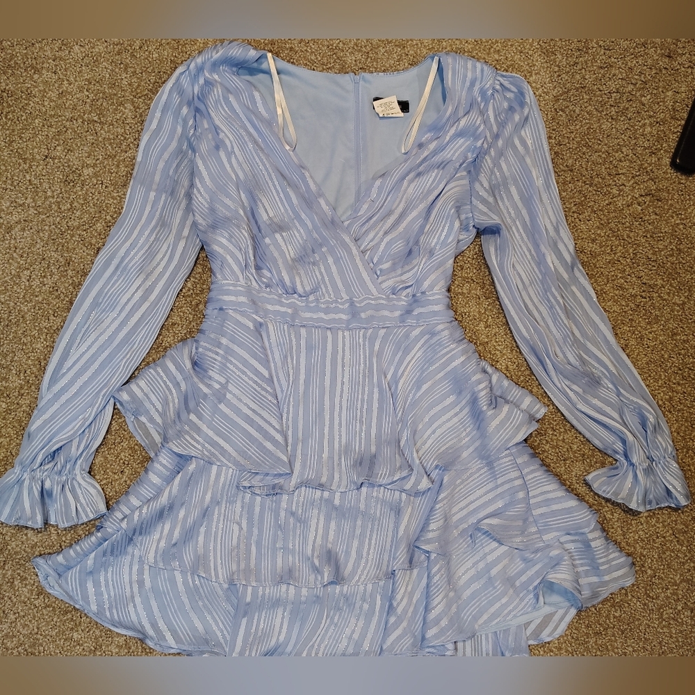 B Darlin Light Blue Ruffled V-Neck Long Sleeve Mini Dress